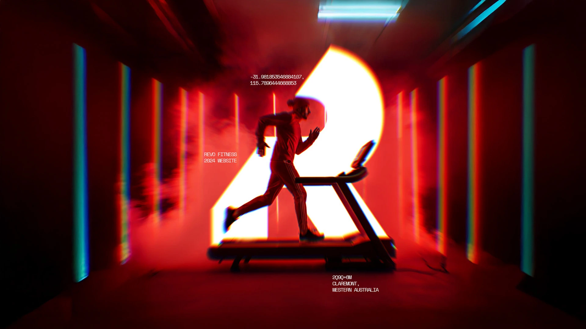 A runner silhouetted in a dark neon-lit space with vivid red and pink lighting — Revo Fitness AI-generated runner image