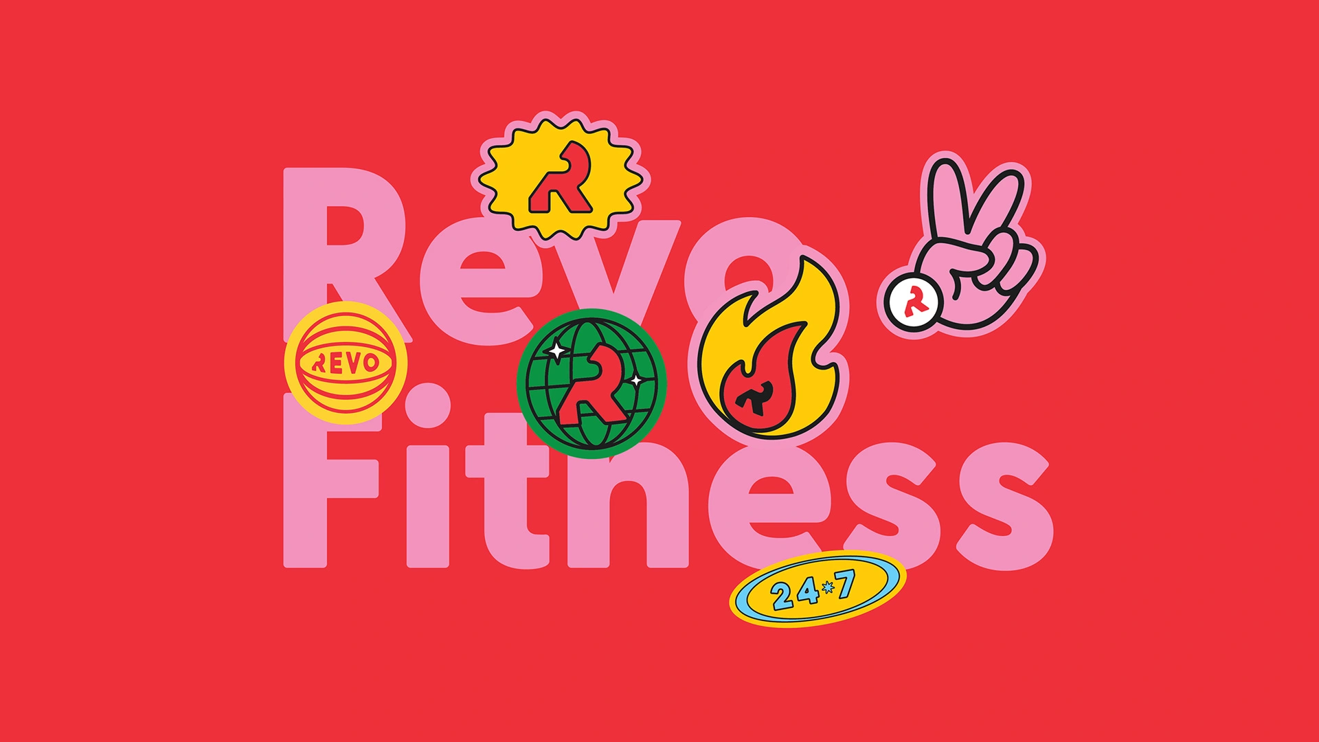 Bold red Revo Fitness campaign banner with large pink script lettering and illustrated sticker mascot characters