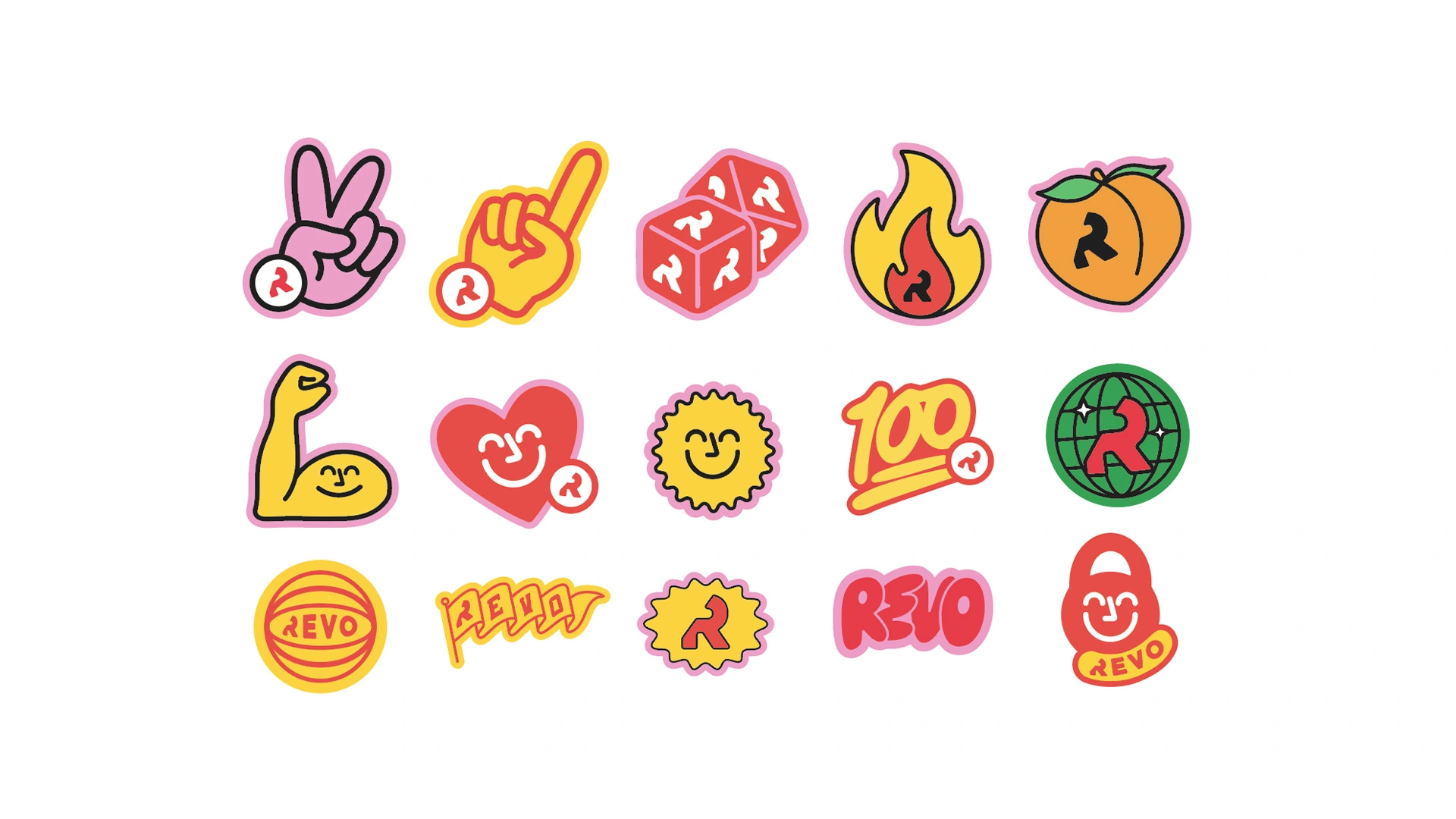 Revo Fitness sticker collection showing fitness, wellness and brand stickers including peace signs, REVO text and illustrated gym icons