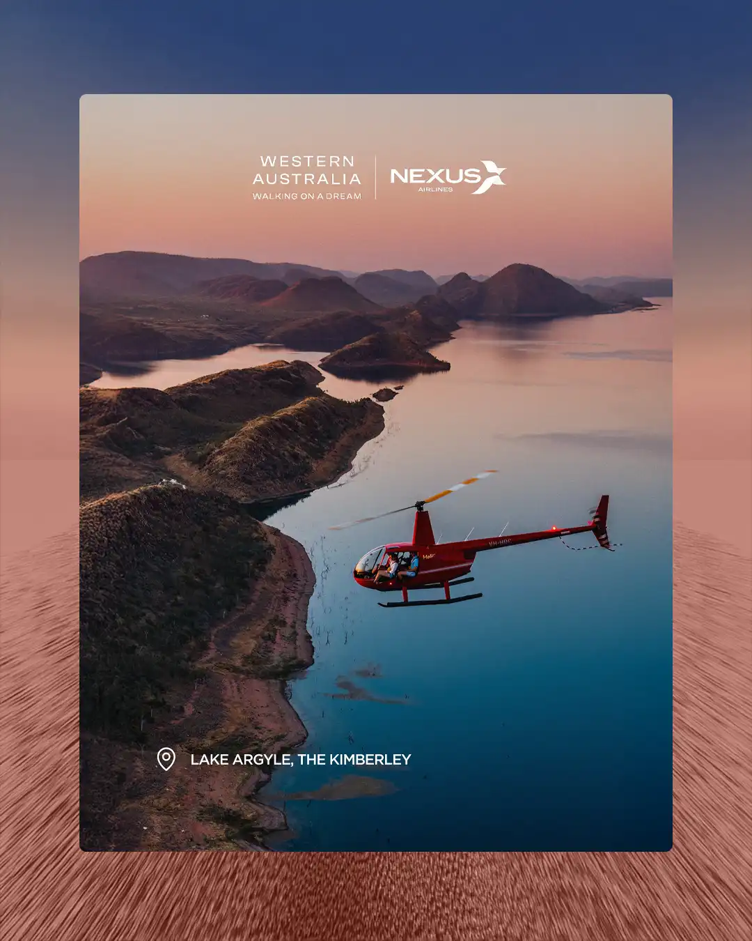 Nexus Airlines social media image showing a red helicopter flying over the Kimberley's dramatic landscape from an aerial perspective