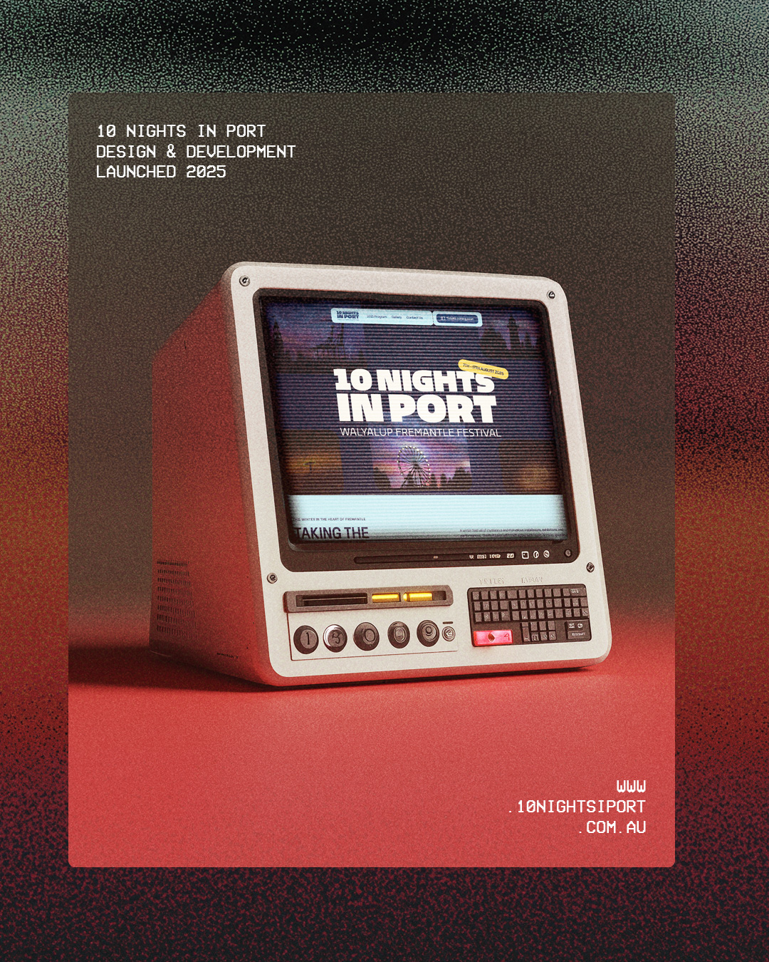 Retro vintage device displaying 10 Nights in Port event branding on a vivid red and orange background — web development project image