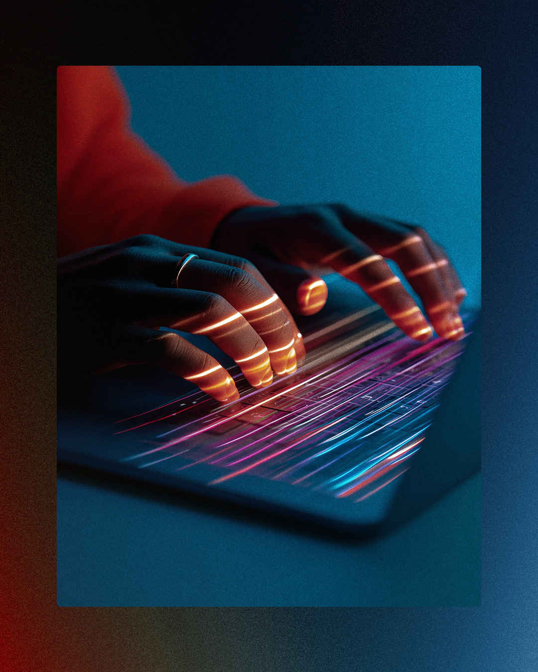 Hands typing on a glowing neon keyboard in a dark blue environment — blog cover for AI Development Australia services