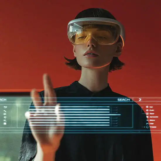 A woman's face with a glitching digital search interface overlaid, evoking AI-powered search technology — editorial imagery