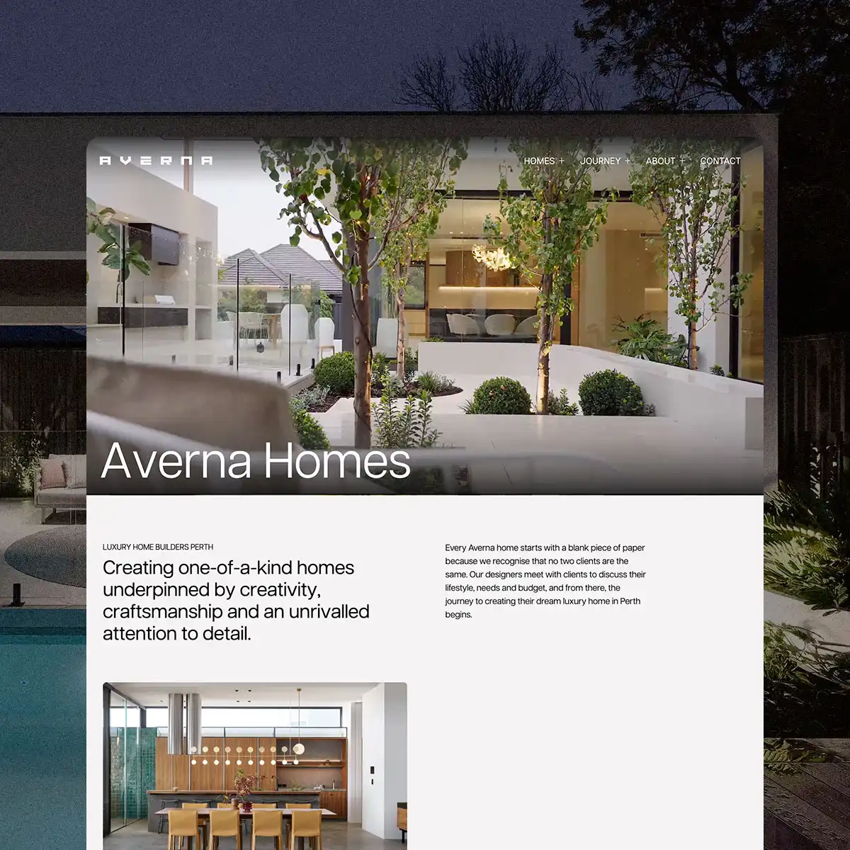 The Averna Homes website displayed on a MacBook laptop — portfolio case study thumbnail