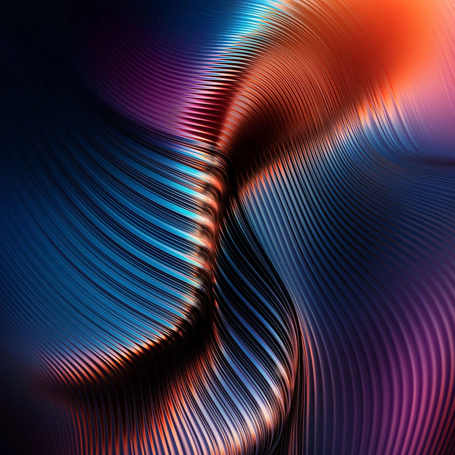 Abstract digital artwork with swirling multi-coloured ribbons in orange red blue and purple gradient waves