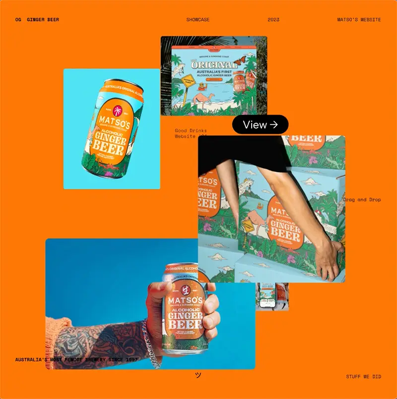 A collage of floating design tiles on an orange background showing app screenshots, product cans and tropical imagery — portfolio showcase