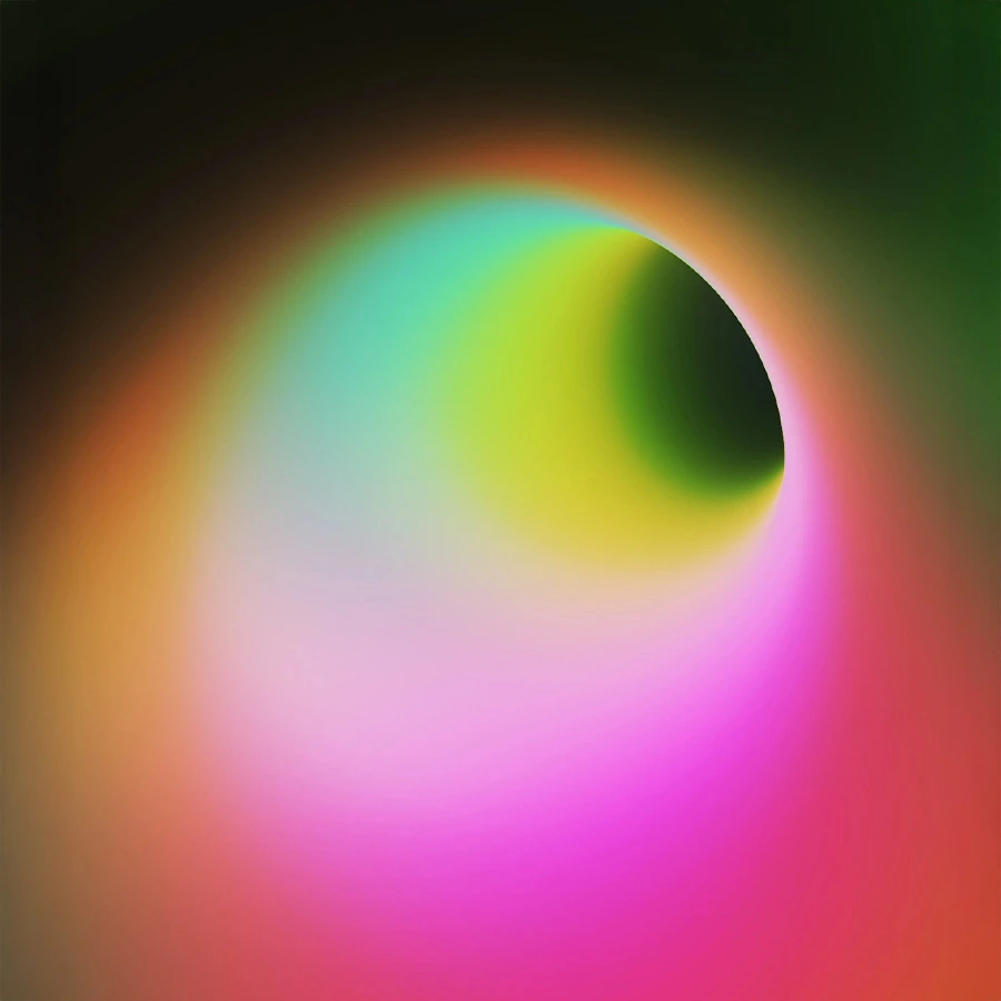 Iridescent 3D rendered cube with green yellow pink and blue gradient surfaces on a light background