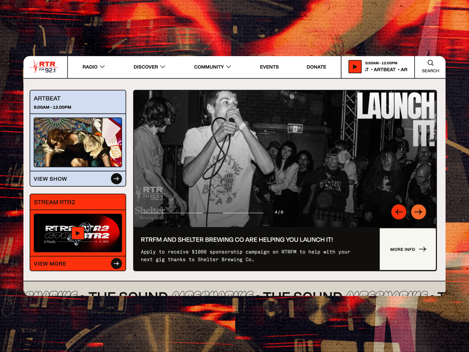 RTRFM website homepage mockup showing the Launch It interface in red and dark design on screen