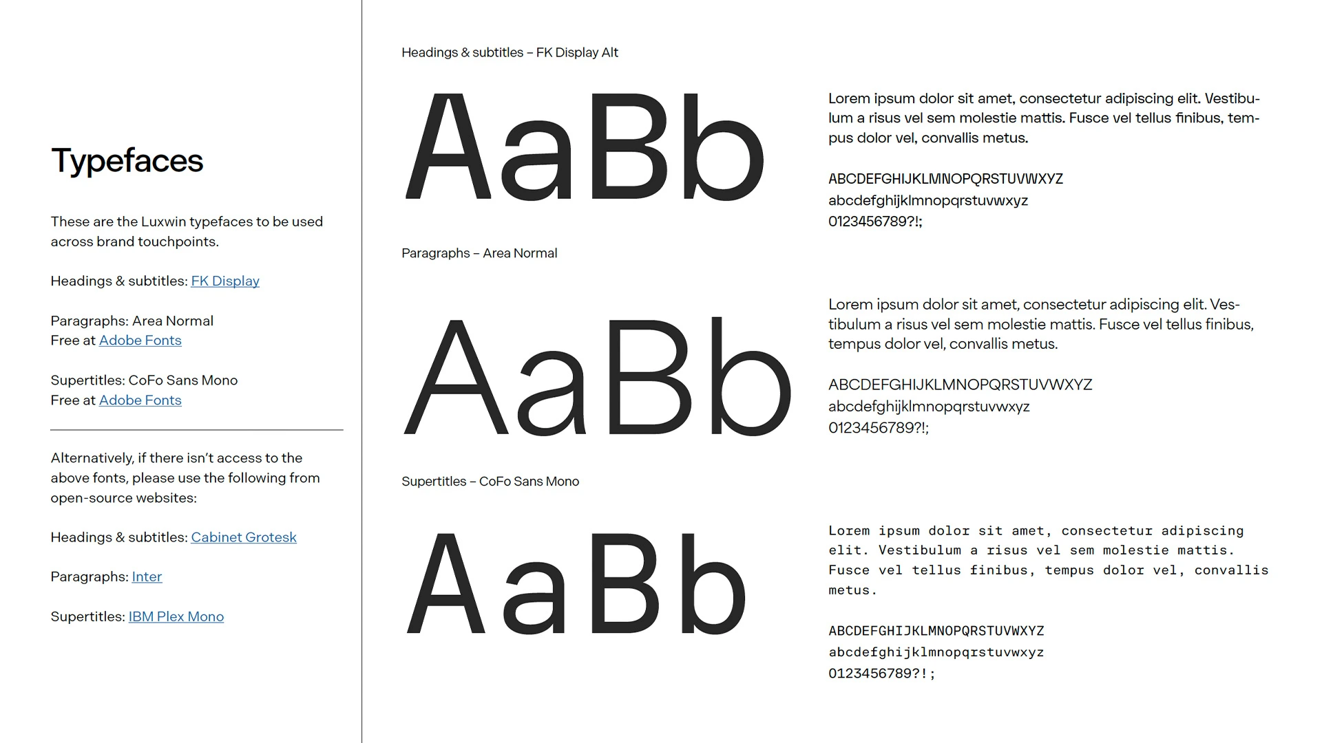 Luxwin brand typography guide showing selected typefaces with AaBb specimens in multiple weights and styles