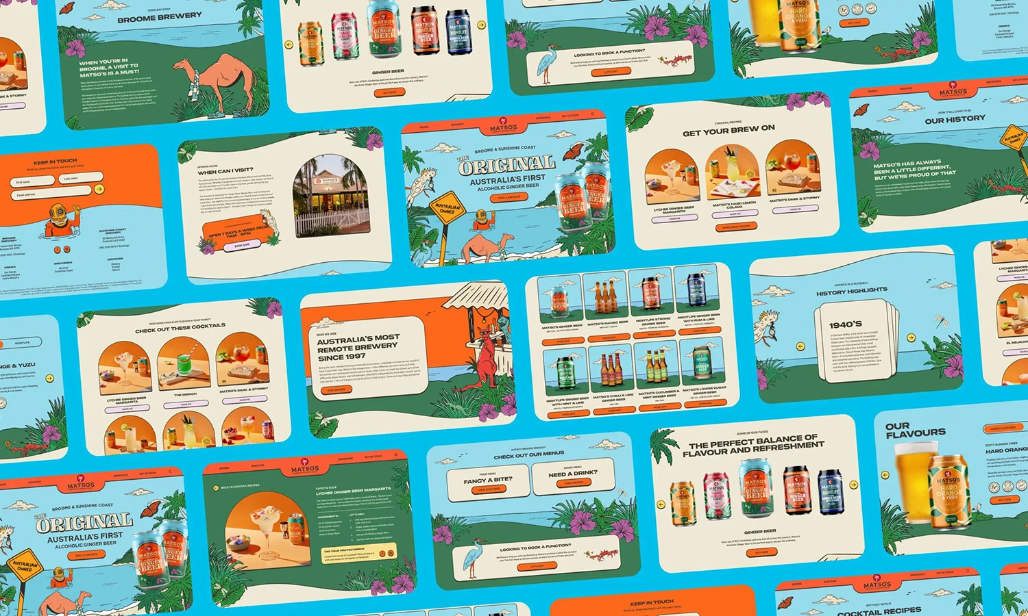 Grid of Matso's Brewery website content tiles showing various digital pages and brand content