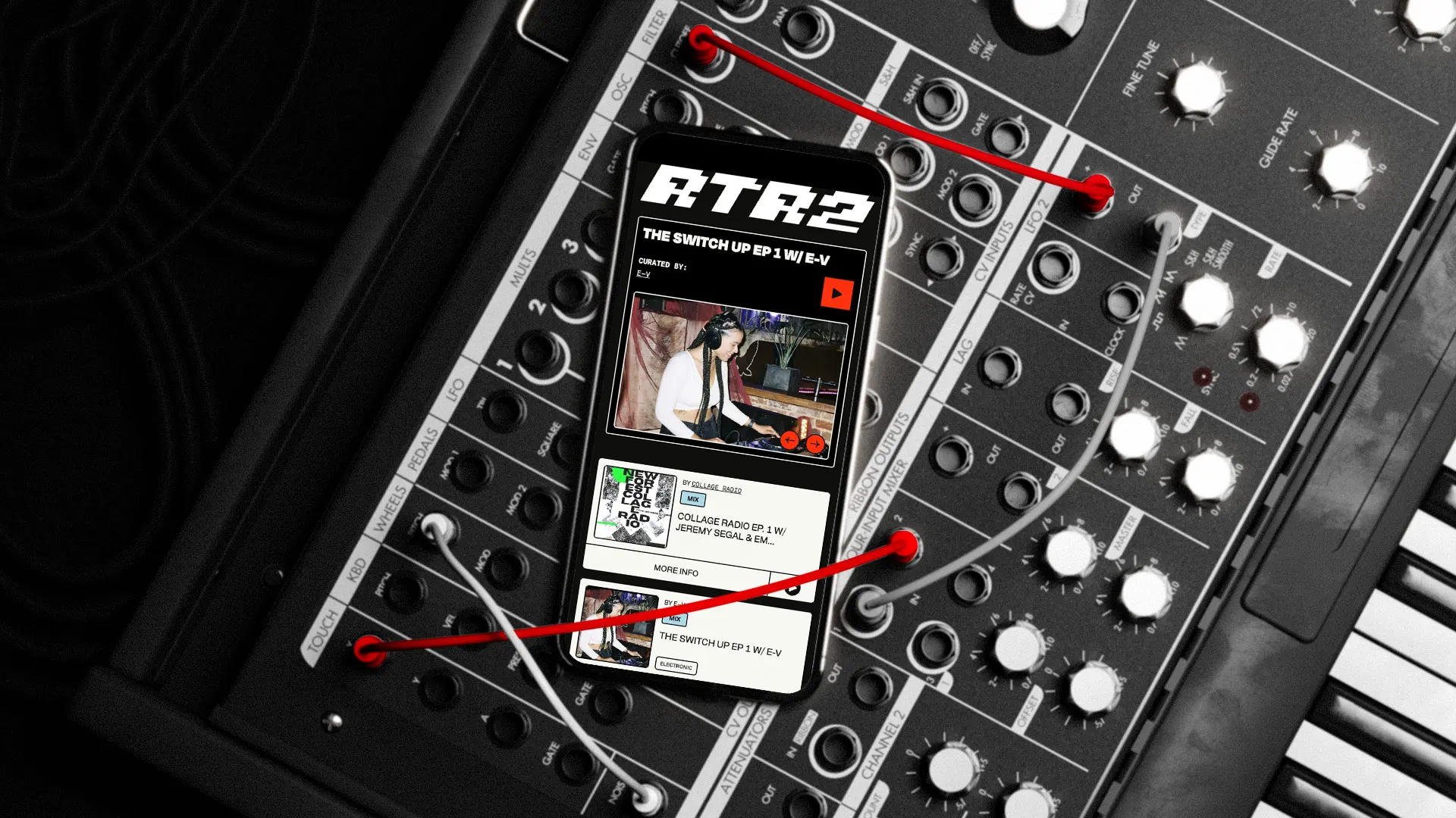 RTR2 mobile website displayed alongside DJ mixer equipment in a horizontal banner format