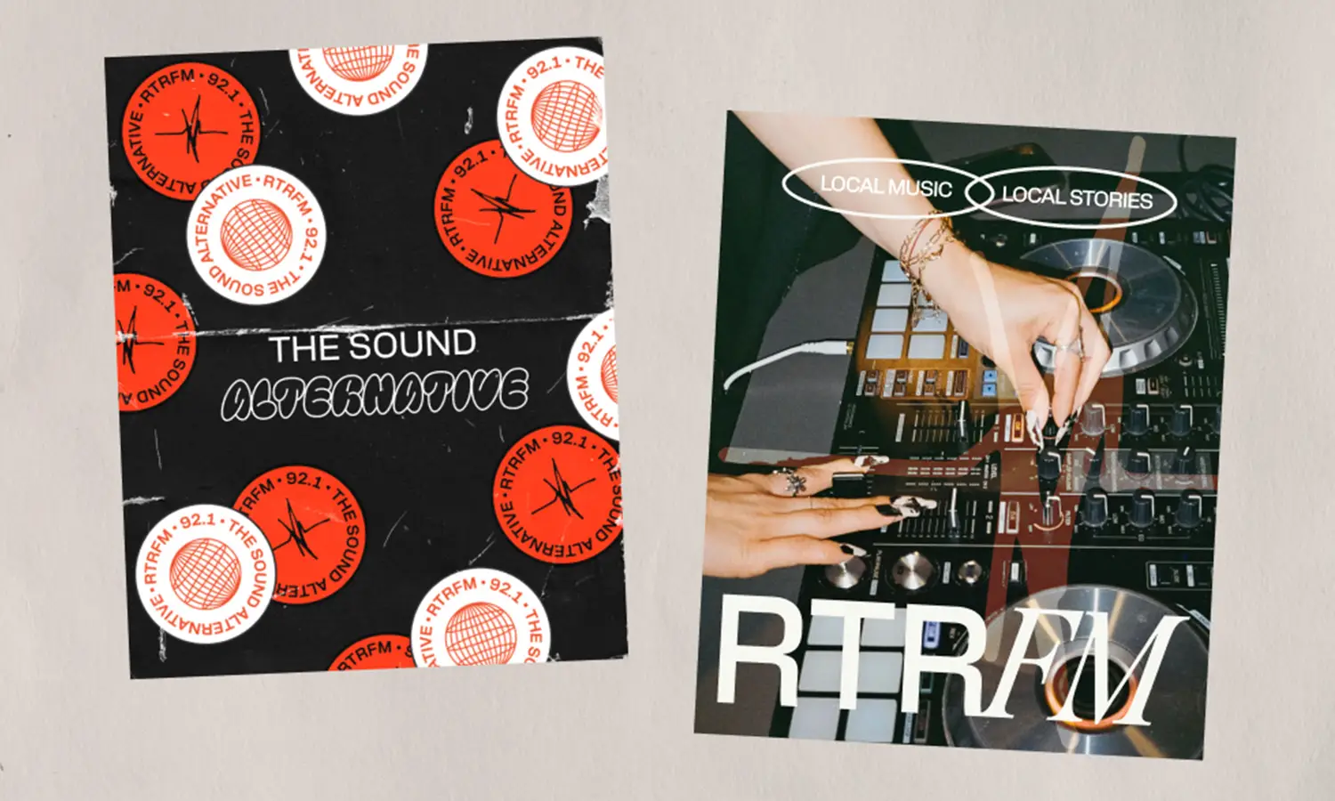 RTRFM event posters with 'The Sound RTRFM' branding and colourful sticker-style design elements