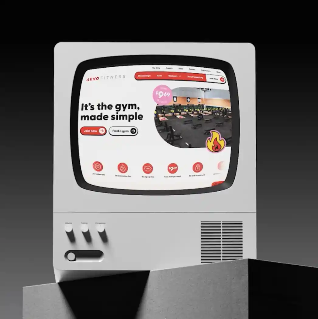 A vintage-style CRT computer monitor displaying Revo branded website content on a dark background