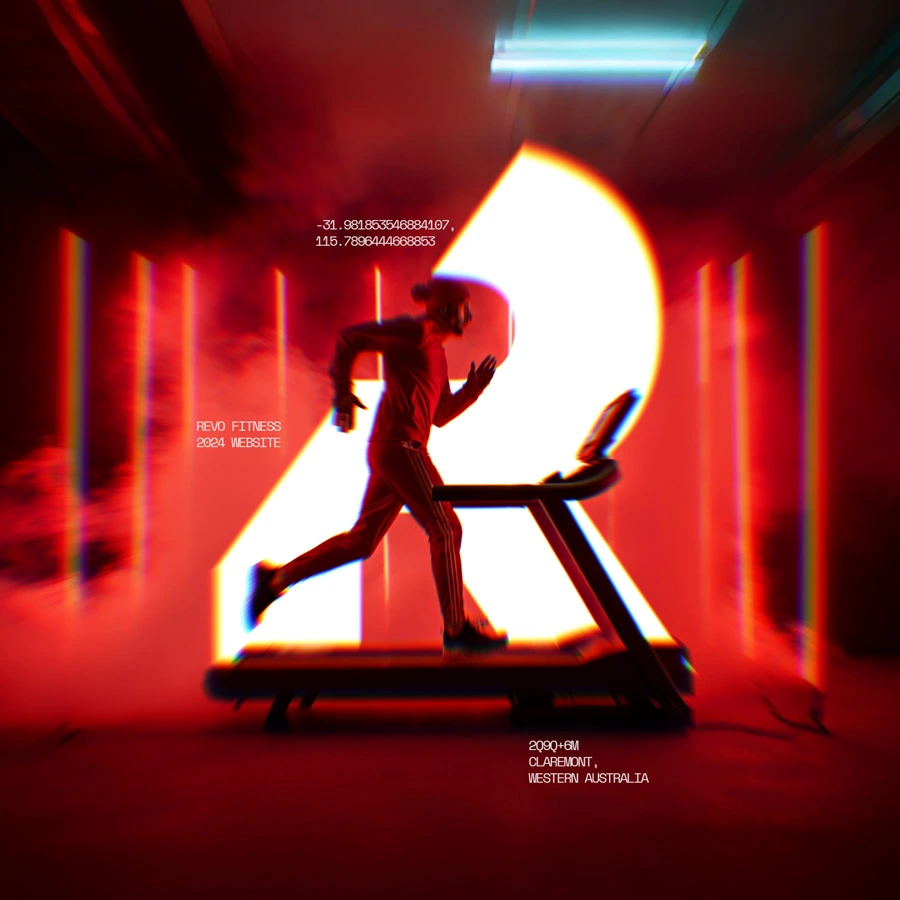 Revo Fitness red dramatic square with a fitness exercise silhouette in atmospheric lighting