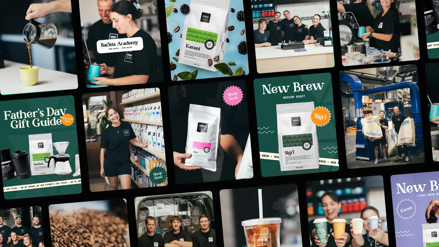 Brew Coffee social media content collage showing multiple branded posts including New Brew announcements, Father's Day Gift Guide and coffee photography