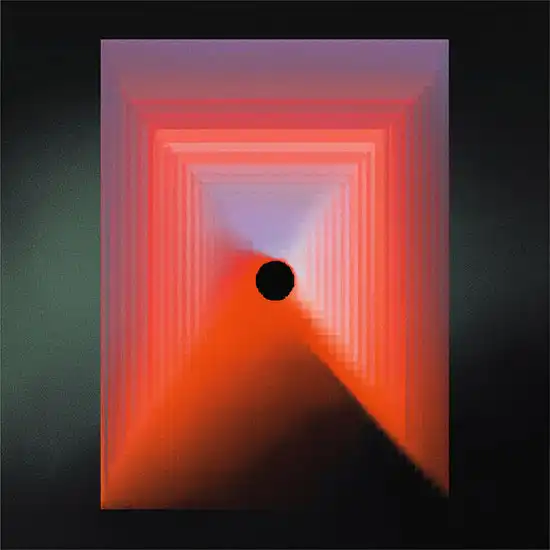 Abstract gradient artwork in warm orange and red tones with a dark portal-like geometric element at the base