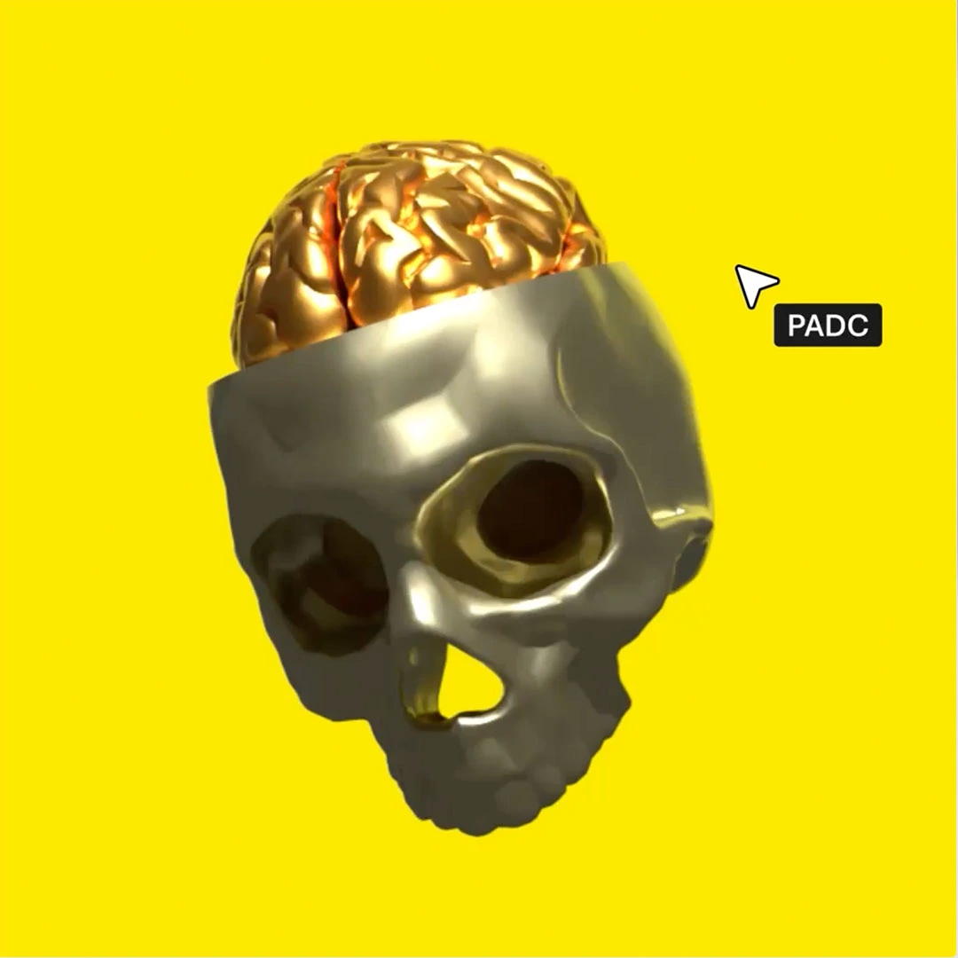Perth Advertising and Design Club PADC square image featuring a gold metallic anatomical skull with brain on yellow background