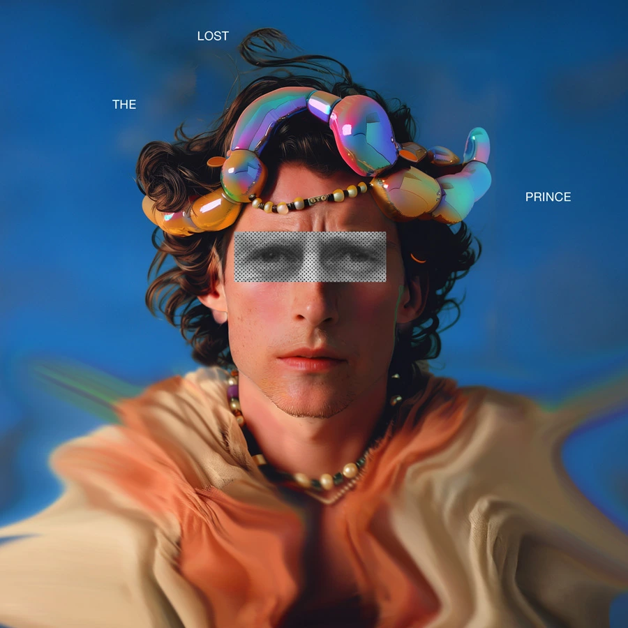 Dreamy editorial portrait of a person wearing a floral crown and wreath looking upward in warm golden tones