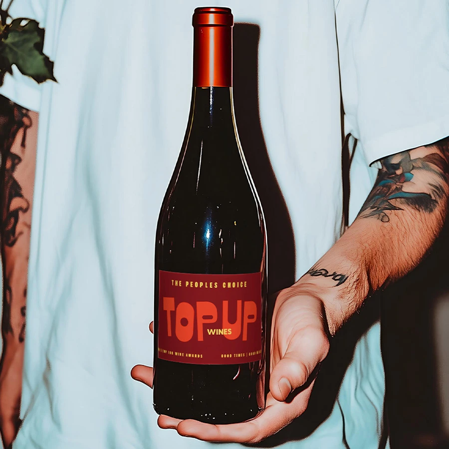 Tattooed hand holding a Top Up Wines dark bottle with an elegant brand label against a neutral background, Web Design Perth agency, The Start, designed the site.