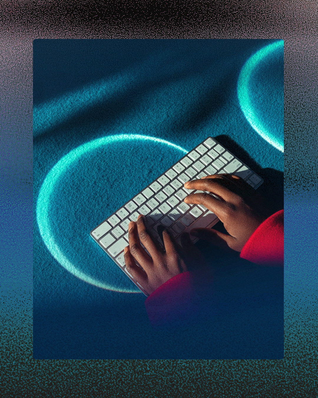 Hands typing on a glowing neon blue keyboard in a dark environment — blog cover for Web Development Perth services