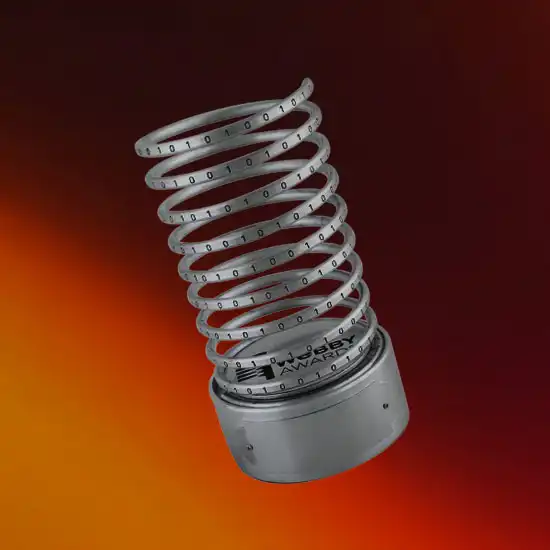 Close-up photograph of a metallic coiled spring in deep orange and red tones against an orange background